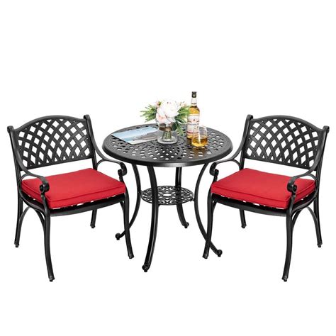 Nuu garden bistro set - Nuu Garden 3-Piece Black Bistro Patio Set. Simplicity and elegance make this 3-piece bistro set perfect for any outdoor and indoor setting. Take a seat and enjoy an afternoon tea on the front porch or have a conversation with your friends in your own backyard. Exceptionally crafted from cast aluminum with a unique design and an antique bronze ...